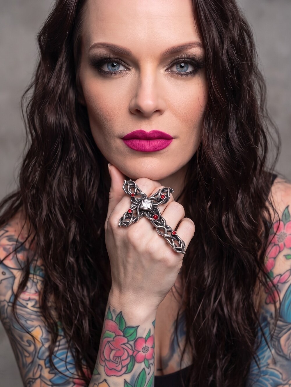 Alchemy Gothic Thorny Cross Handspan Ring Swarovski Crystal Rare Statement 8.5